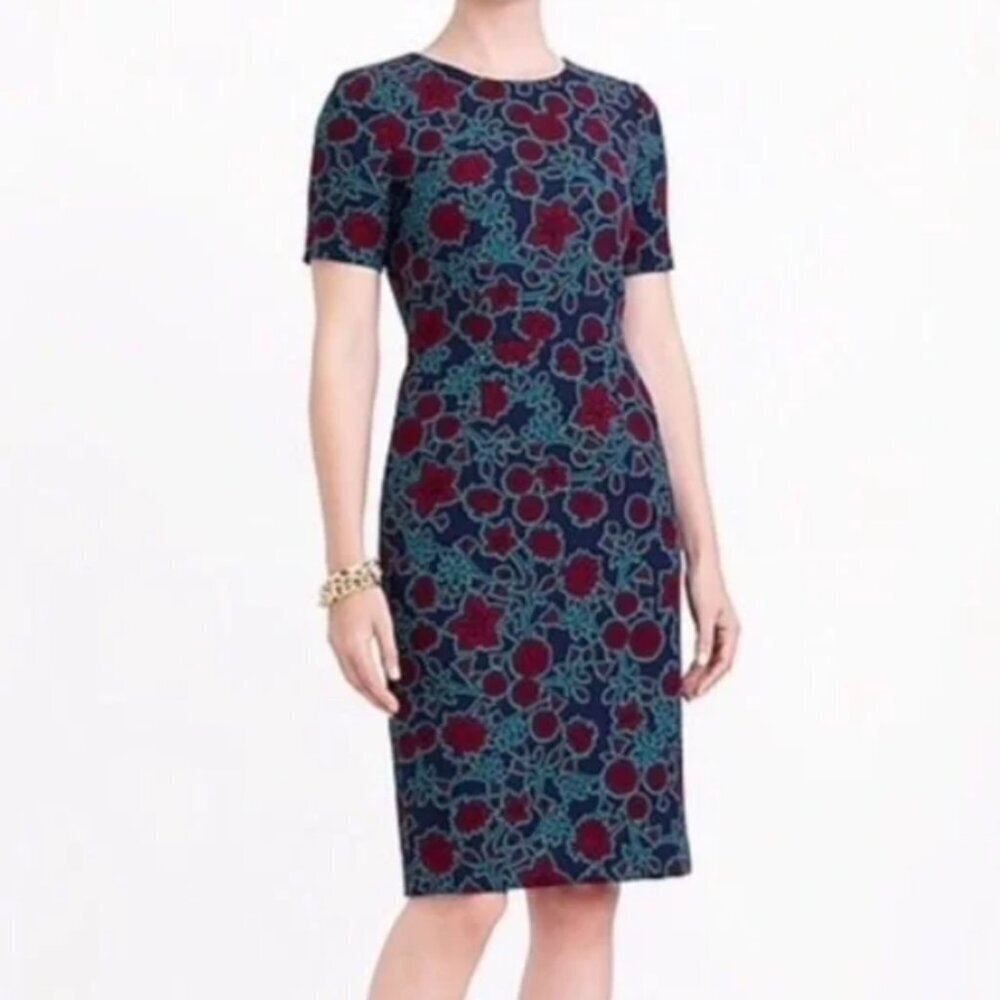 J Crew Short-Sleeve Printed Dress - Blue Burgundy Floral Print - Picture 3 of 12